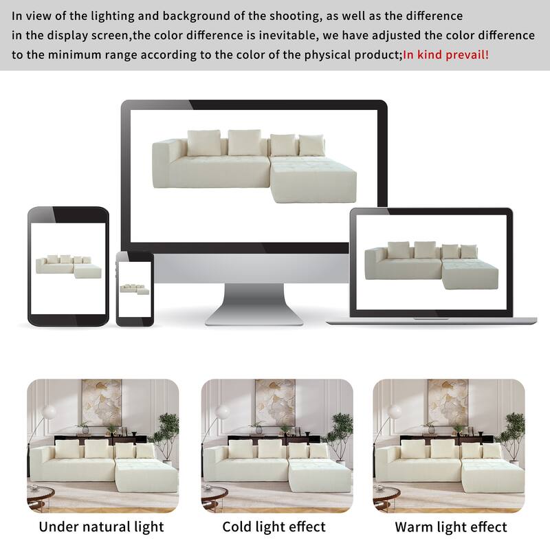 110" Polyester Modular Sectional Sofa (3-Piece) with 4 Pillows and Tufted Seat Design