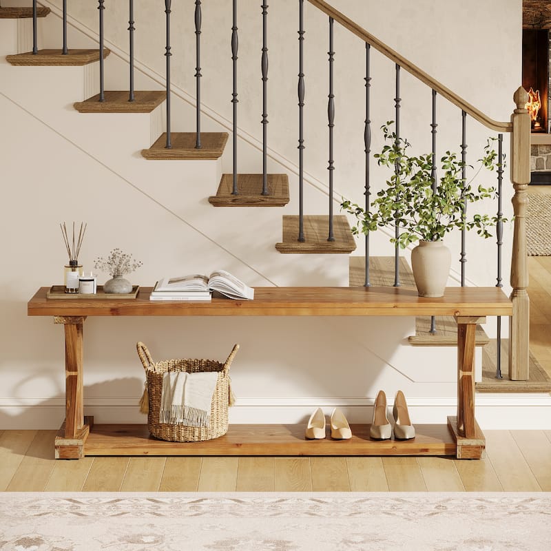 59 Inch Solid Wood Entryway Shoe Bench with Storage Shelves, Farmhouse Style - 59.06" W x 11.81" D x 17.72" H