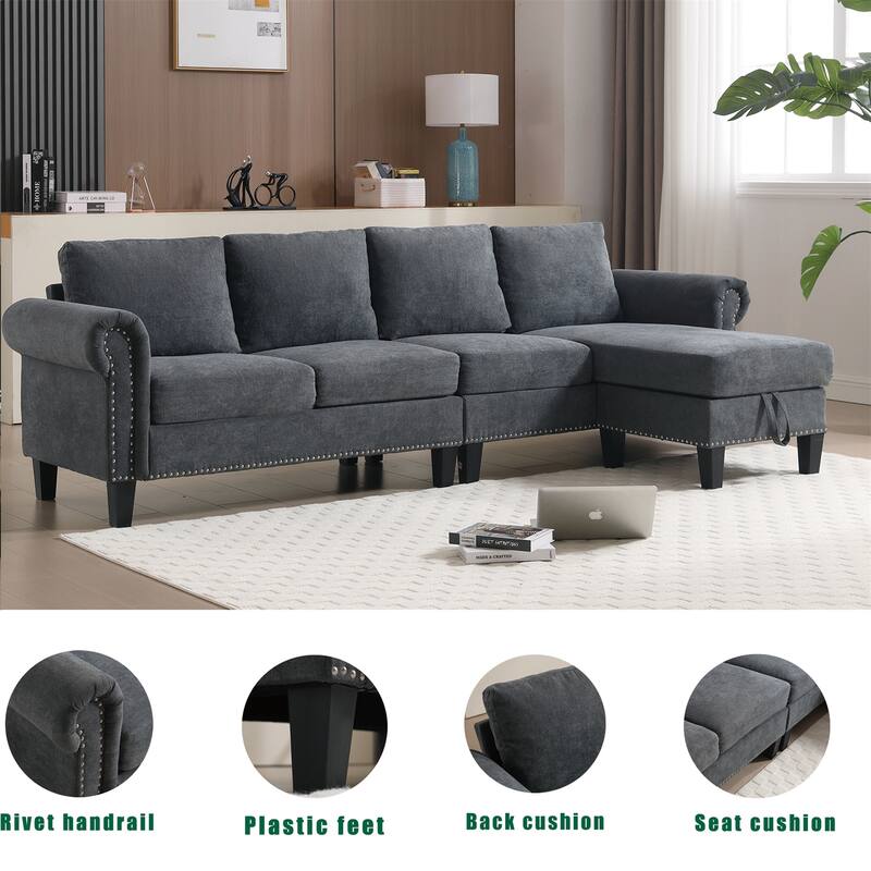 Convertible L-shaped Linen Fabric Sectional Sofa with Storage