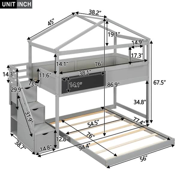 dimension image slide 0 of 2, Twin over Full Pine Wood House Bunk Bed with Storage Staircase