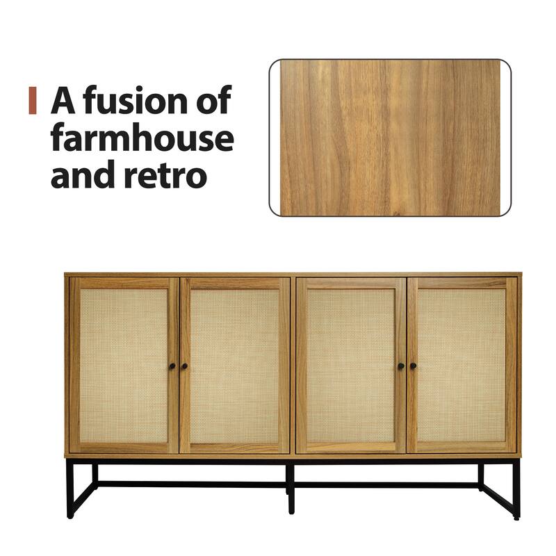 Wood Rattan 4-Door Buffet Sideboard With Storage