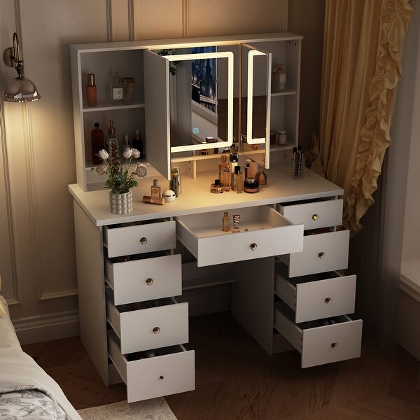 Kerrogee Makeup Vanity with 3 Color Lighted Mirror Large Vanity Table Dressing Pink