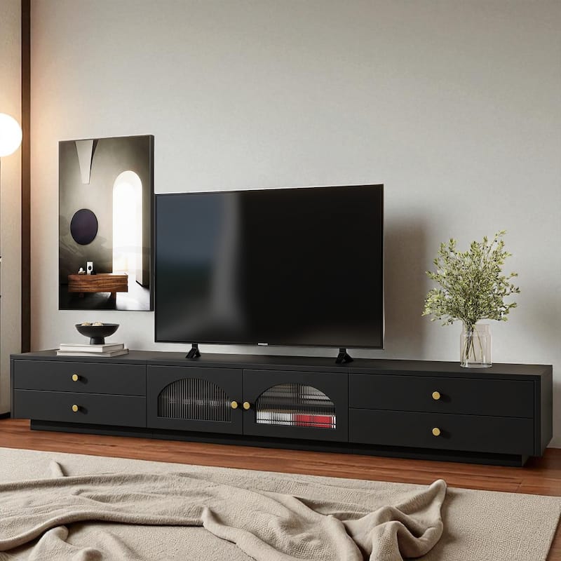 87 Inch Modern TV Stand with Fluted Glass Doors, Media Console with Tempered Glass Shelf and 4 Drawers for TVs Up to 95 Inch