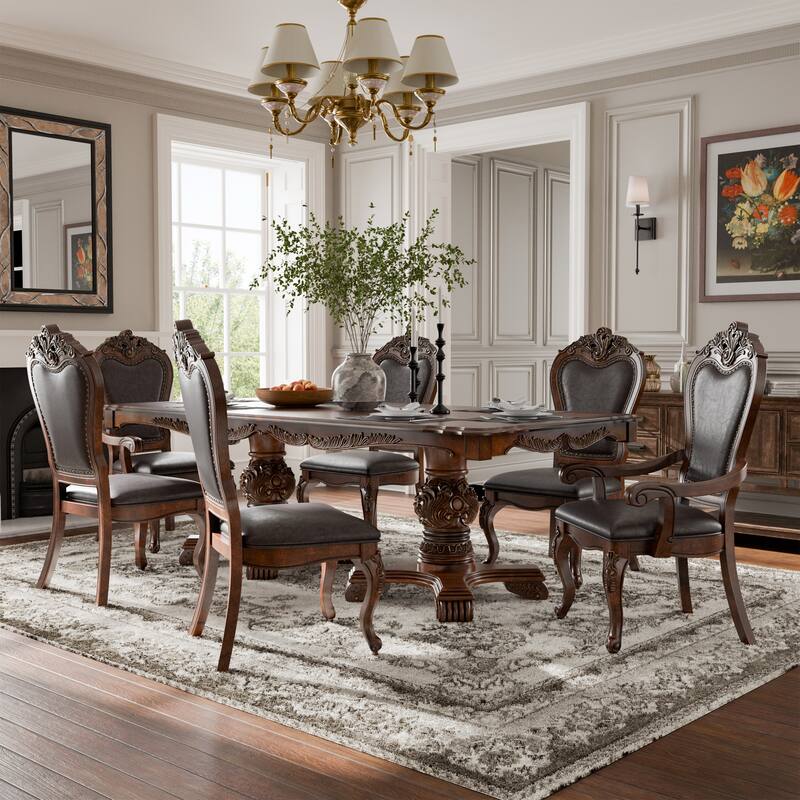 Furniture of America Eugene Traditional Solid Wood 7-Piece Expandable Dining Table Set - Cherry