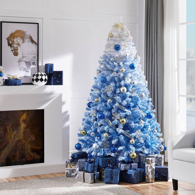 Yaheetech Premium 6ft/7.5ft Snow Flocked Artificial Decorative Christmas Tree, Lake Blue Gradient - 7.5 Foot