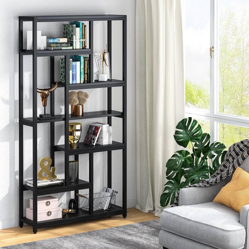 6-Tier Etagere Bookcase, Industrial Geometric Bookshelf - Black