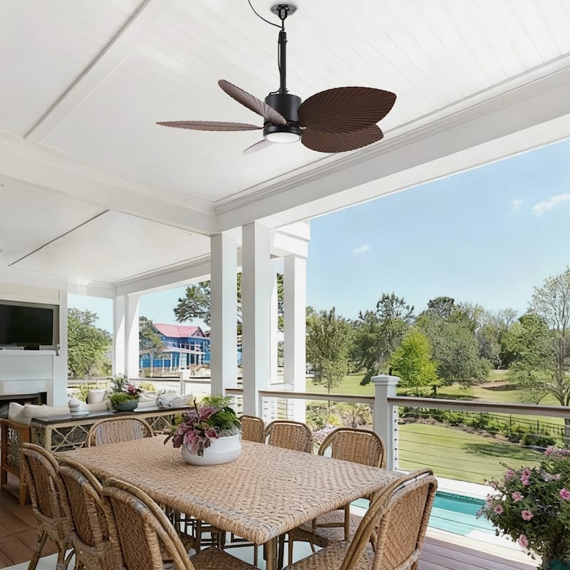 42" Farmhouse Black Waterproof Outdoor Gazebo LED Ceiling Fan with Light, Hook Downrod and Tropical Palm Leaf - 42"Wx13.7"H