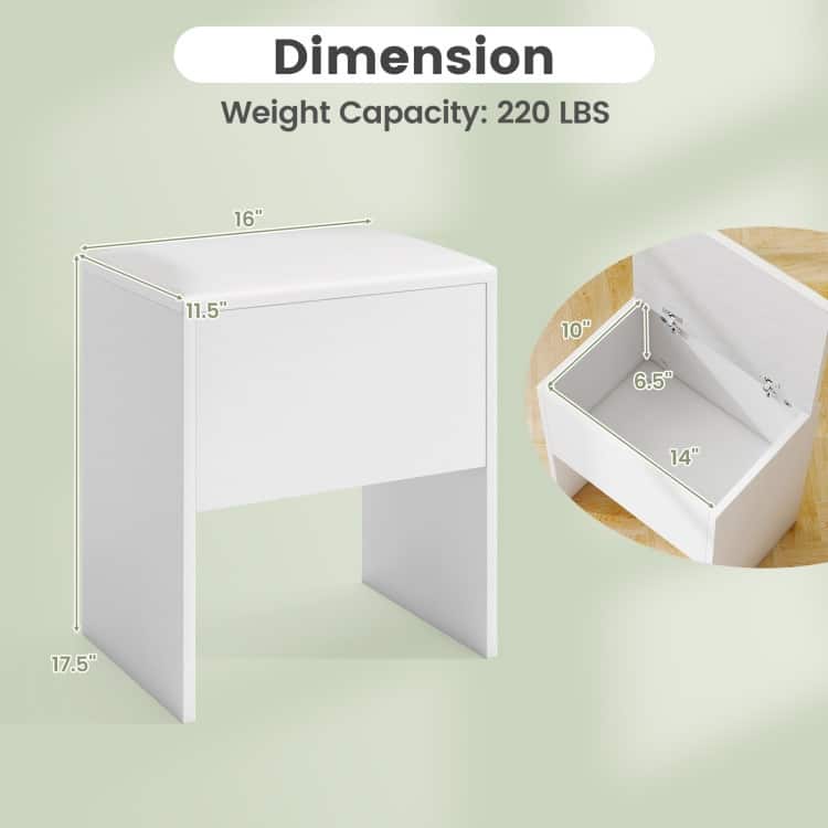White Vanity Stool with Hidden Storage 2-in-1 Oxford Fabric Ottoman Bench