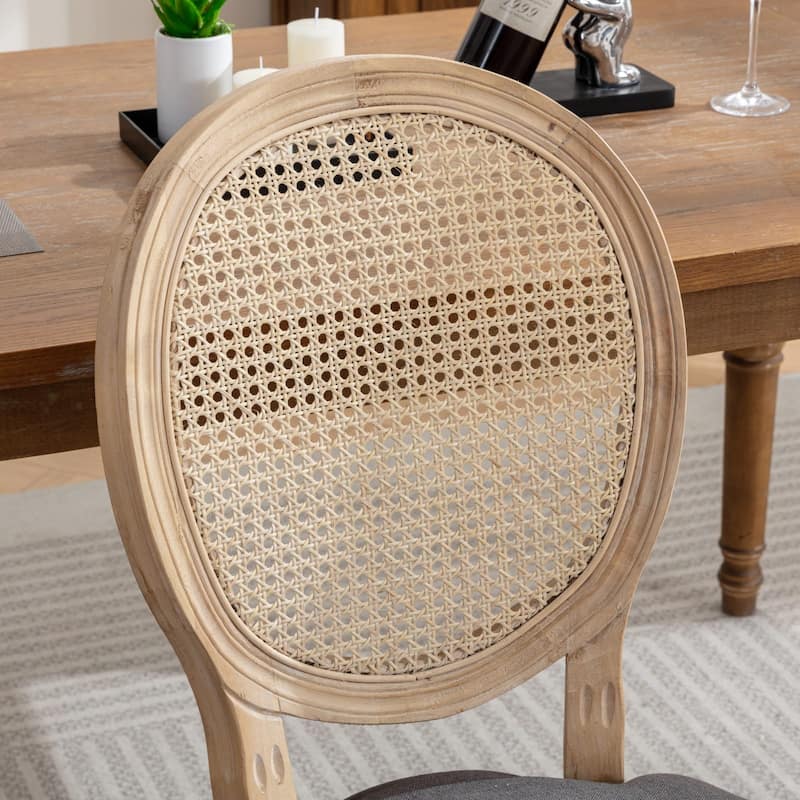 French Style Solid Wood Frame Antique Painting Linen Fabric Rattan Back Dining Chair,Set of 2,Gray