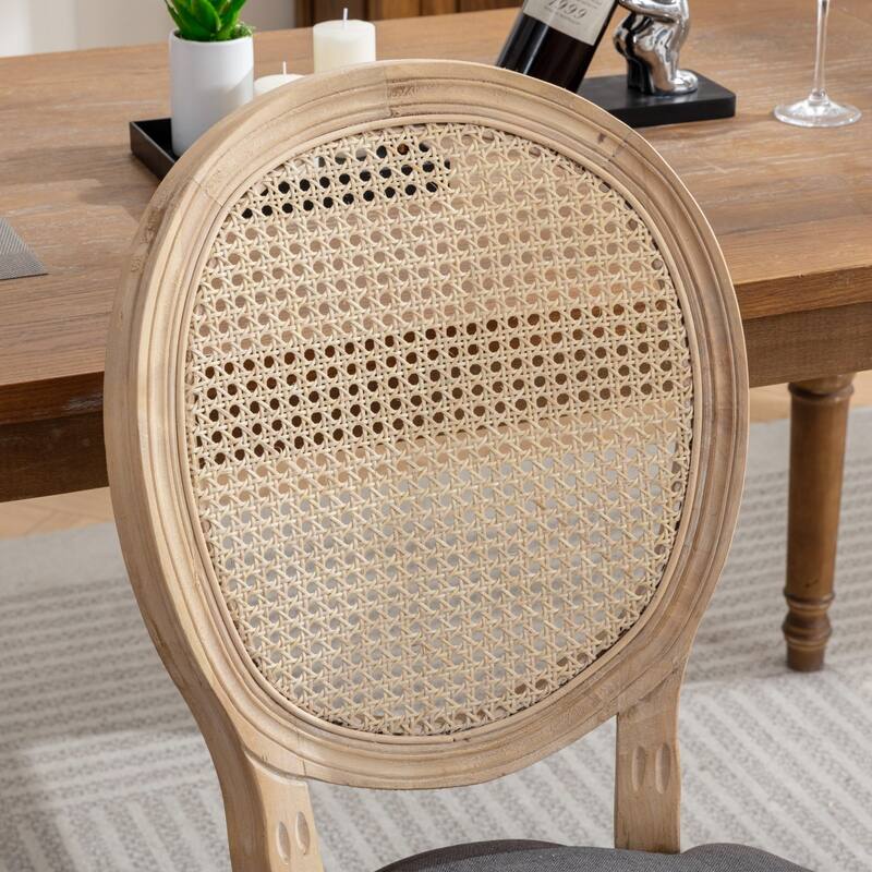 French Style Solid Wood Frame Antique Painting Linen Fabric Rattan Back Dining Chair,Set of 2