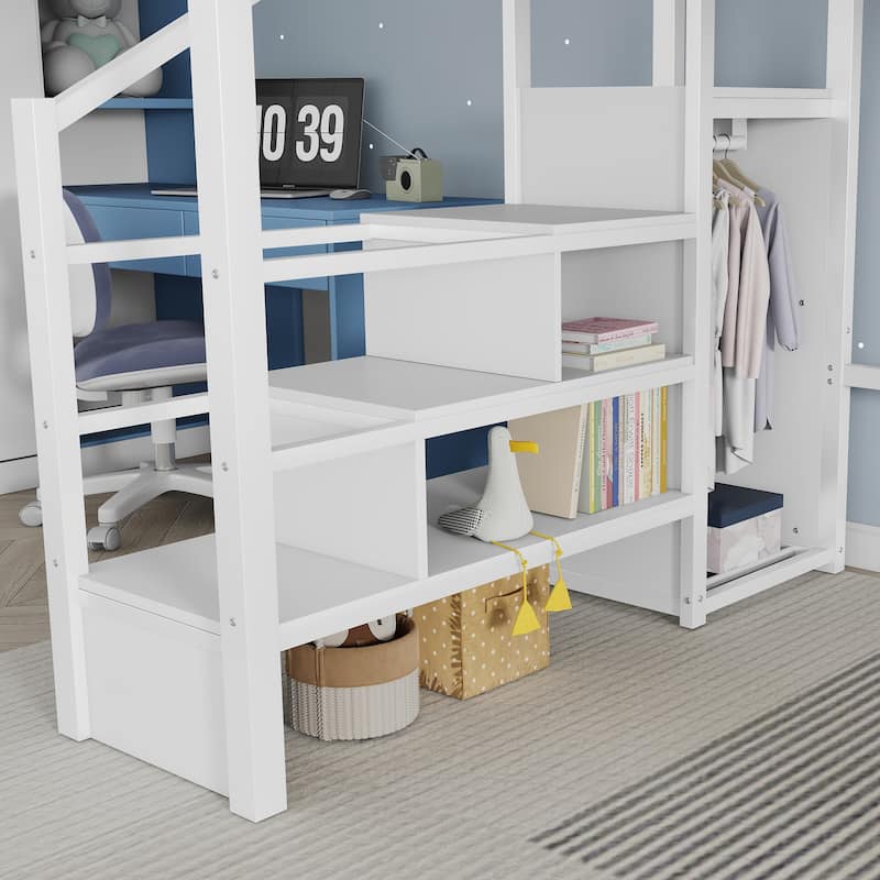 White High Loft Bed Frame with Storage Stairs and Wardrobe, Loft Metal Frame Bed with High House Shaped Guardrails for Kid Teens