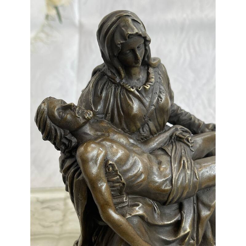 La Pieta By Michelangelo Bronze Sculpture Statue Miniature Replica On Marble Base