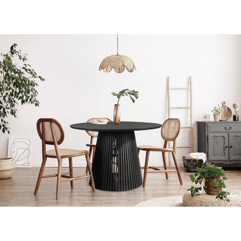 Ridge 47 Inch Handcrafted Mango Wood Round Dining Table, Slatted Flared Base, Black - Black