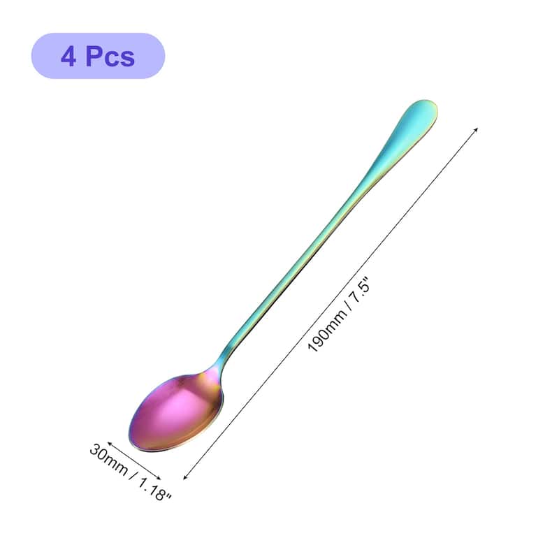 4Pcs 7.5-Inch Stainless Steel Ice Cream Spoon Long Handle Spoon - Rainbow