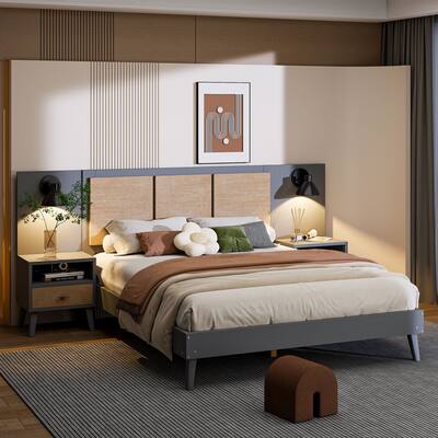 Queen Platform Bed Solid Wood Bed Frame with 2 Nightstands & Lamps