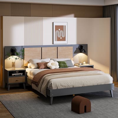 Wood Queen Size Bed Frame Elegant Platform Bed with 2 Storage Nightstands and 2 Lamps, No Box Spring Needed
