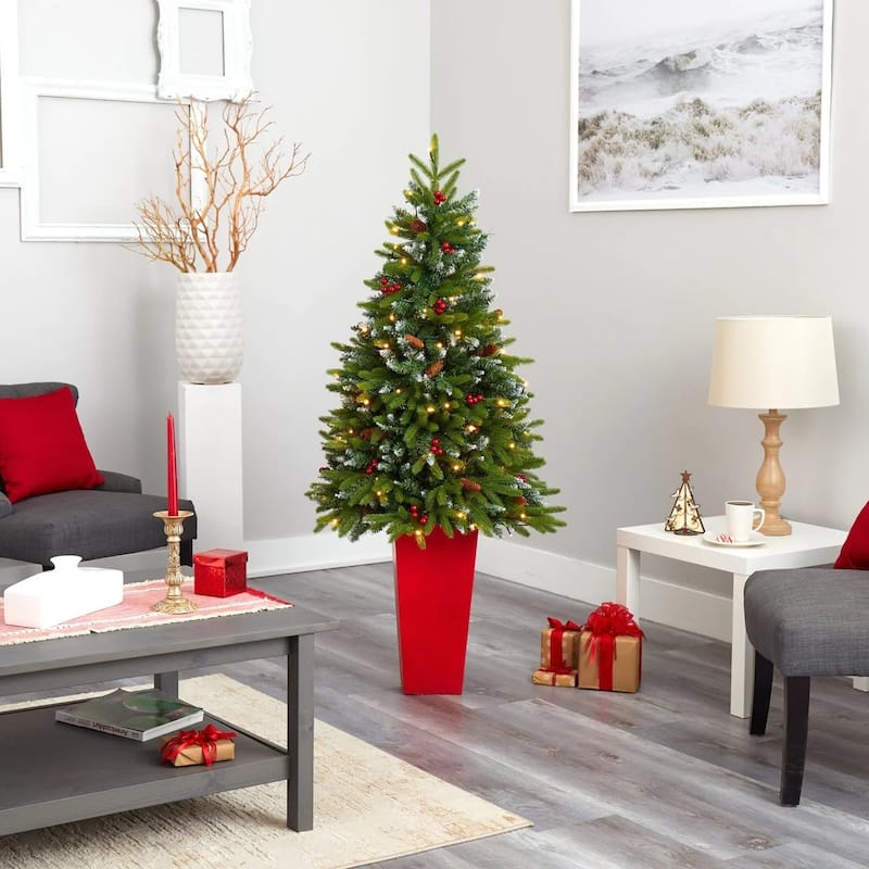 5' Potted Snow Tipped Mini Artificial Christmas Tree, Clear LED Lights - 5 Foot