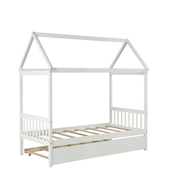 Solid Wood Twin House Bed Frame with Trundle, No Box Spring Needed, White Finish