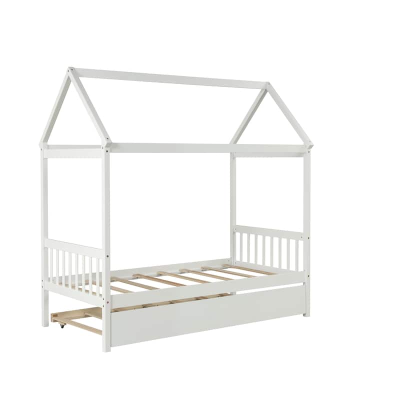 White Twin Solid Wood House Bed with Trundle & Roof