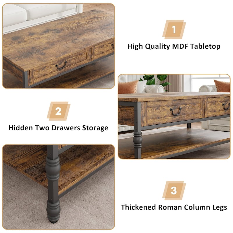 41" Coffee Table with 2 Storage Drawers, Rustic Coffee Tables