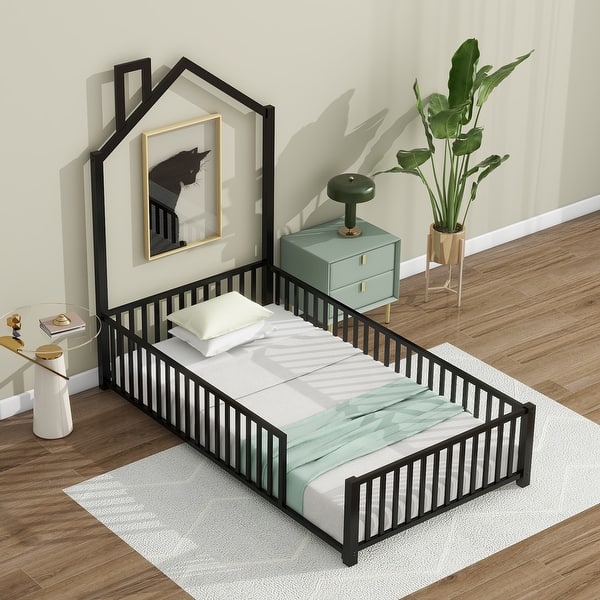 slide 2 of 26, Twin Size Metal House Bed with Guardrails & Chimney Black