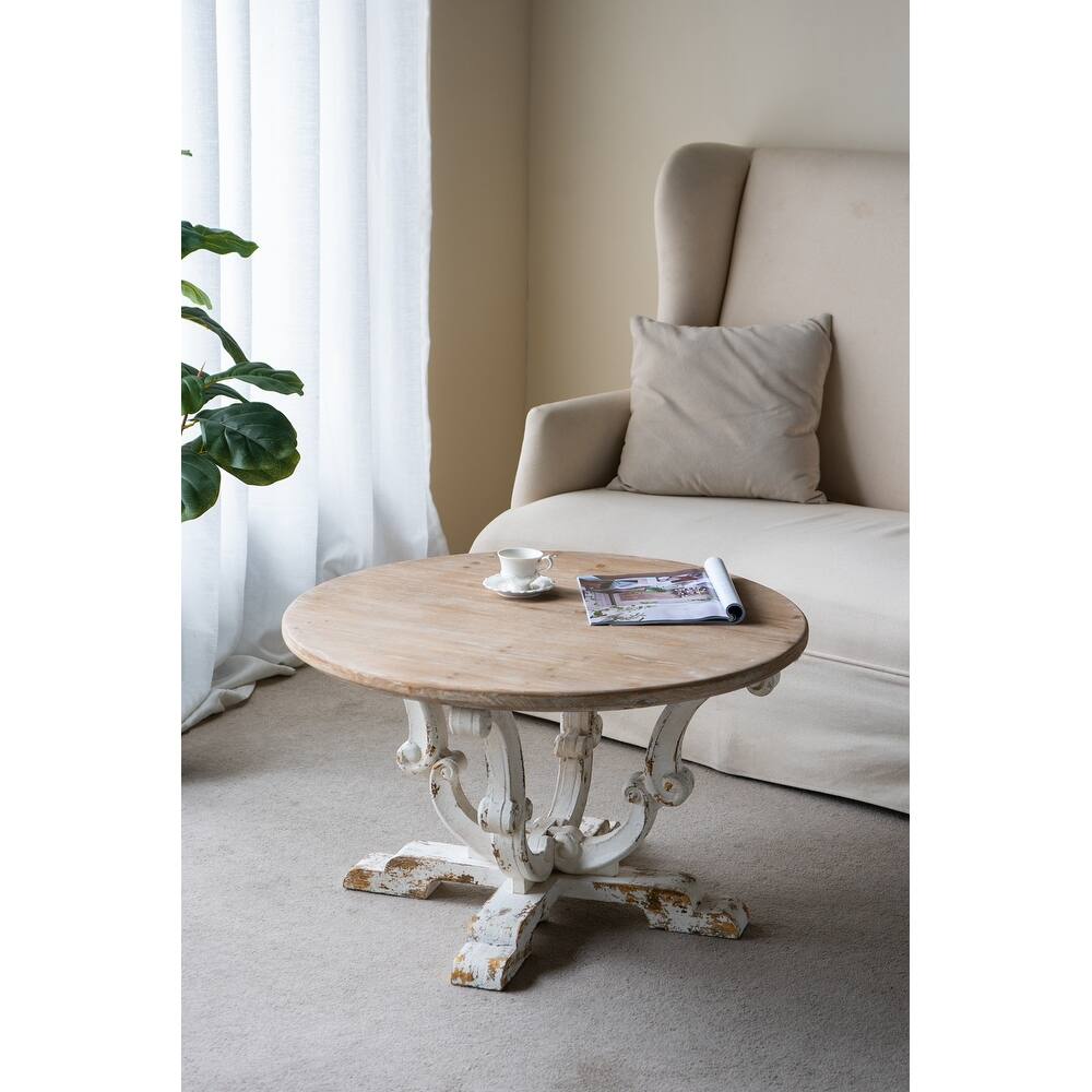 Round Wooden Coffee Table with Distressed White Finish and Scrollwork Legs