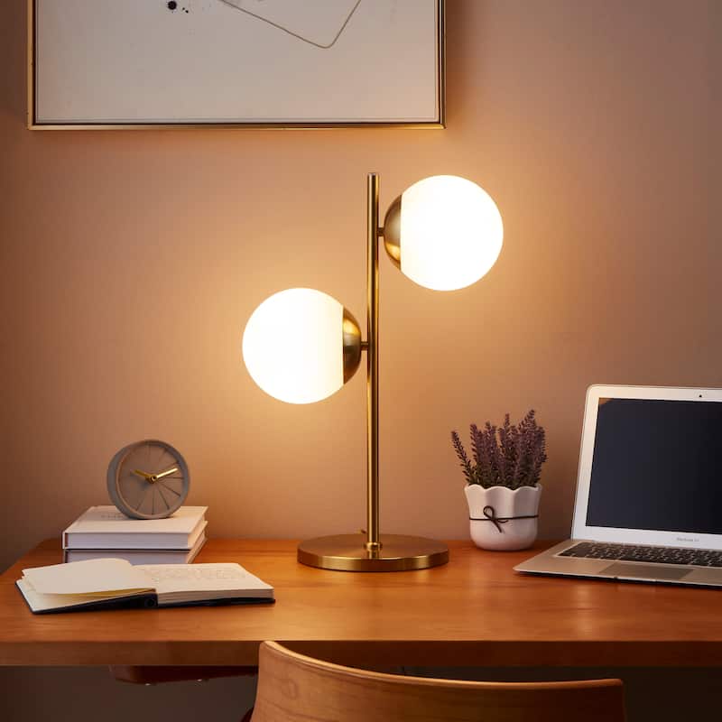 Brightech Sphere 20 in. Antique Brass Mid-Century Modern Integrated LED Desk Table Lamp with Built-In 3-Way Dimmer