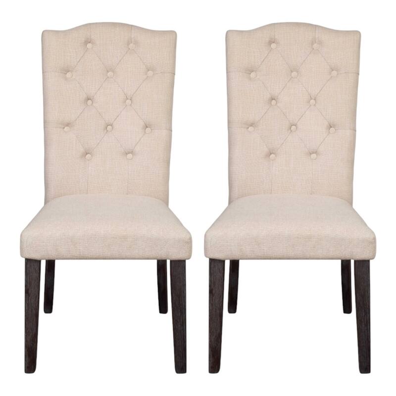 Beige Linen Tufted Dining Side Chairs, Wood Legs and Espresso Finish Set of 2 - 26" L X 21" W X 41" H - Beige-Espresso