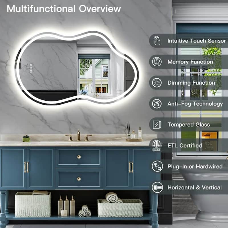 Irregular Front & Back LED Lighted Anti-fog Tempered Glass Wall Bathroom Vanity Mirror, ETL Certified, 3-Year Warranty