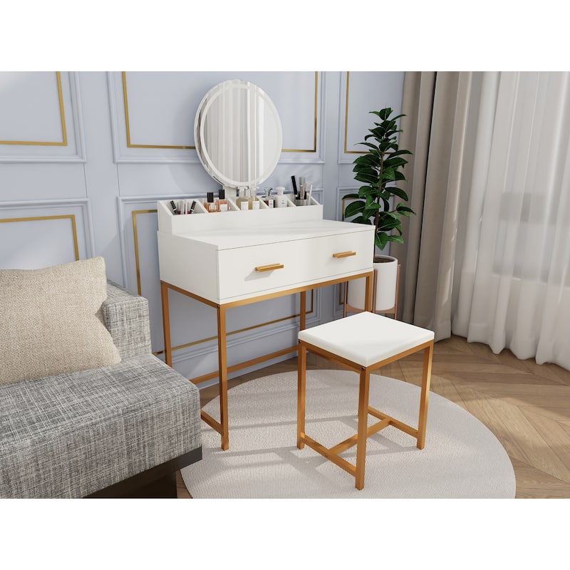Vanity Set with Mirror and Stool - Makeup Vanity Table with Storage Drawers and Organizer, White and Gold, Space-Saving Design