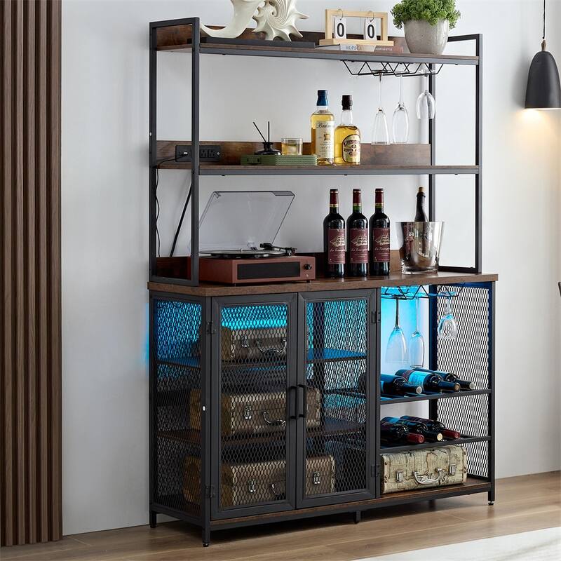 3-Tiers Buffet Cabinet with LED Strip and Glass Holder,Power Outlet