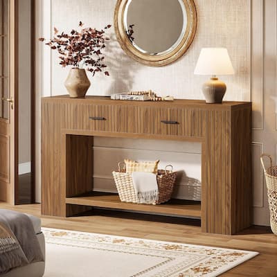 59" Farmhouse Entryway Table with Storage Shelf, Console Table with 2 Drawers, 2-Tier Sofa Table Behind Couch