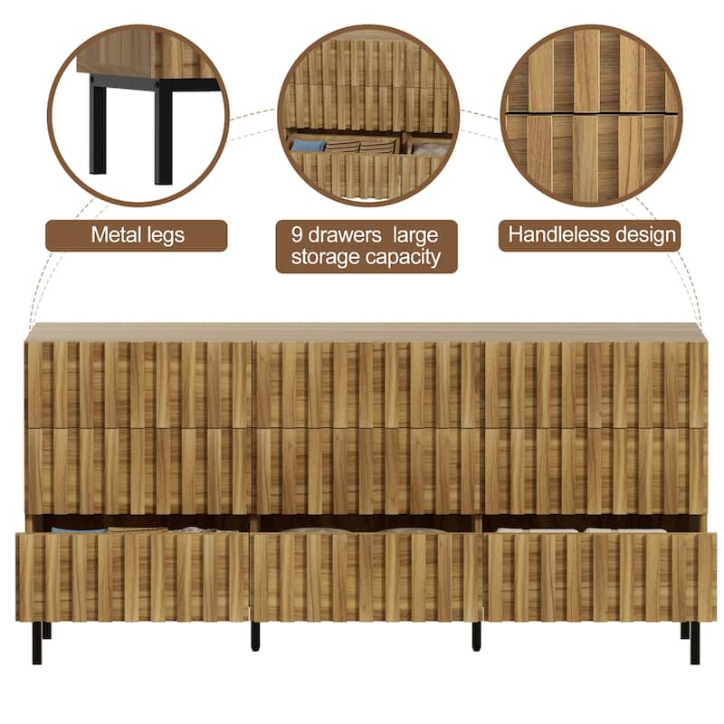 59" W 9-Drawer Storage Cabinet Mid-Century Dresser