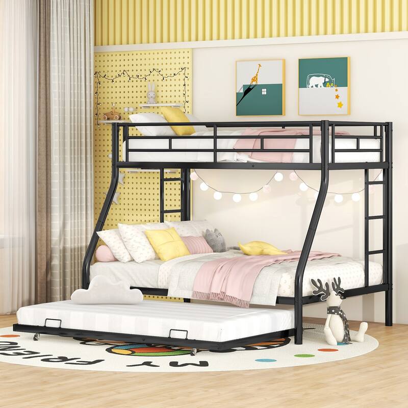 Bed with Sturdy Steel Frame, Bunk Bed with Trundle, Two-Side Ladders