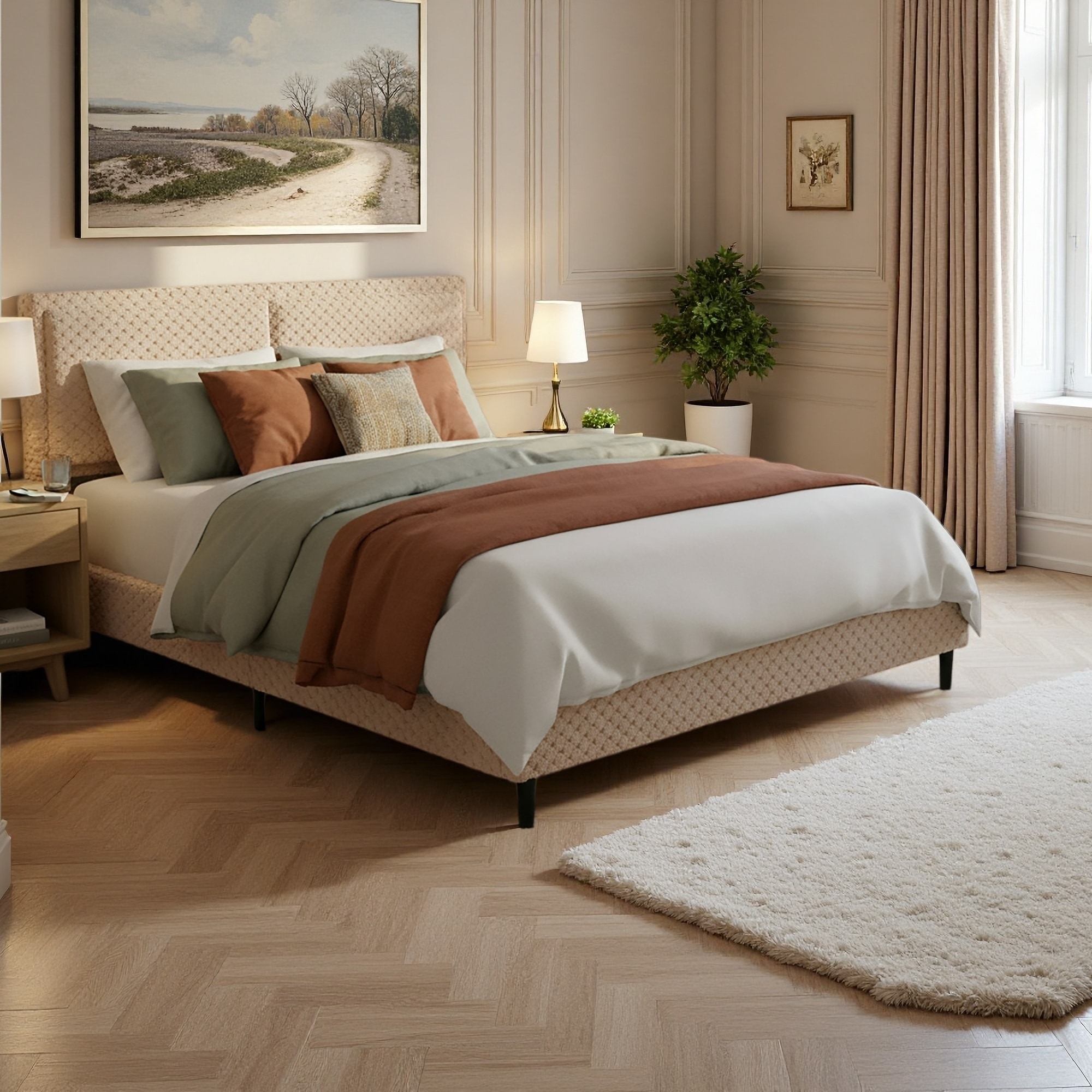 Plush Upholstered Platform Bed with Soft Backrest