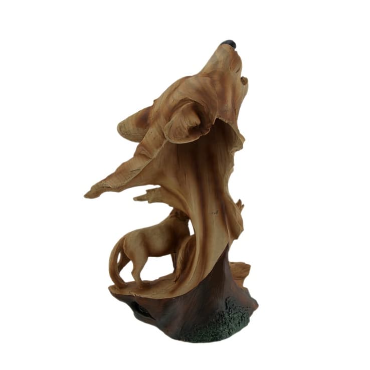 Carved Wood Look Howling Wolf Couple Figural Statue - 12 X 7.5 X 4.5 inches