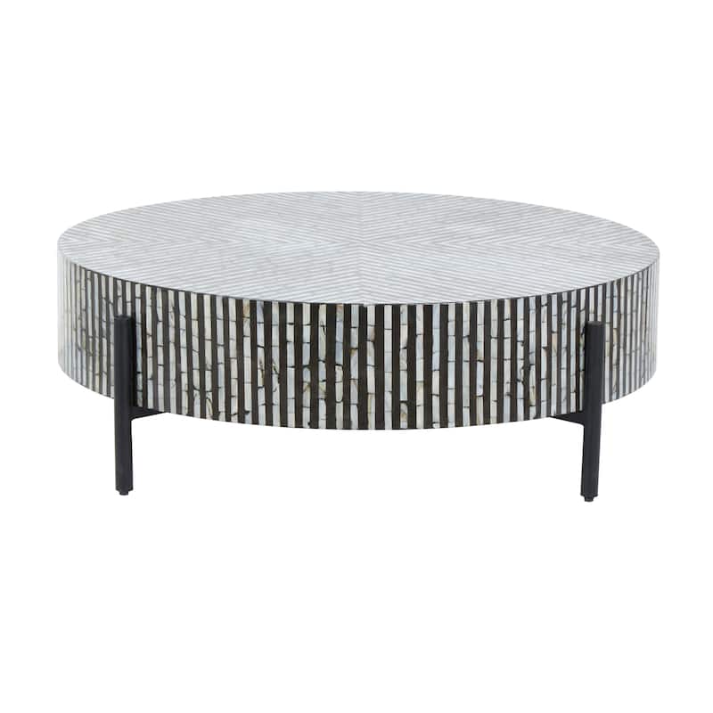 Mother of Pearl Shell Geometric Handmade Round Mosaic Inlay Coffee Table with Black Metal Legs - Roche River Decor