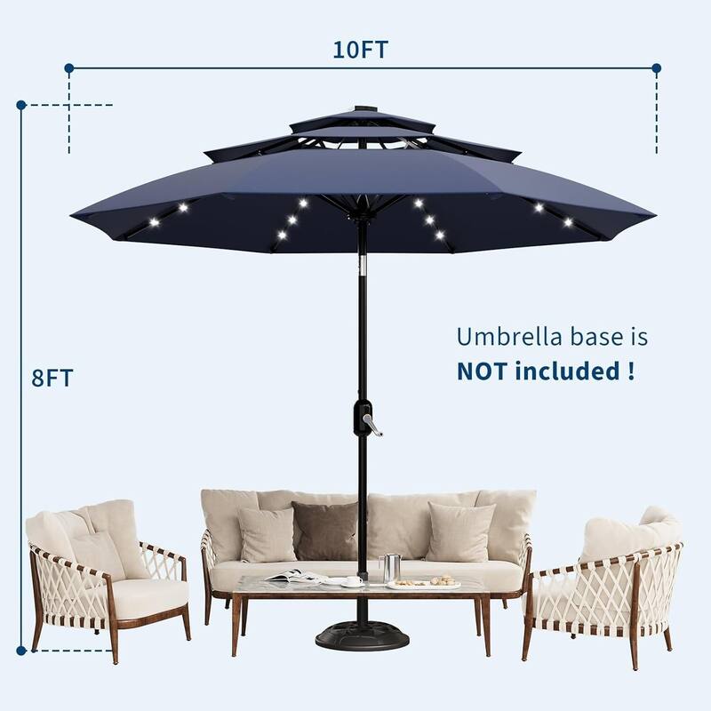 3-Tier 10Ft Patio Umbrella, Easy Crank and Push Button Tilt for Pool, Deck, Yard, Garden with LED Lights (No Base)
