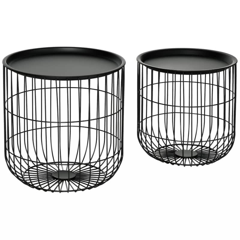 Round Coffee Table Set of 2 with Steel Wired Basket Body and Removable Top, Black