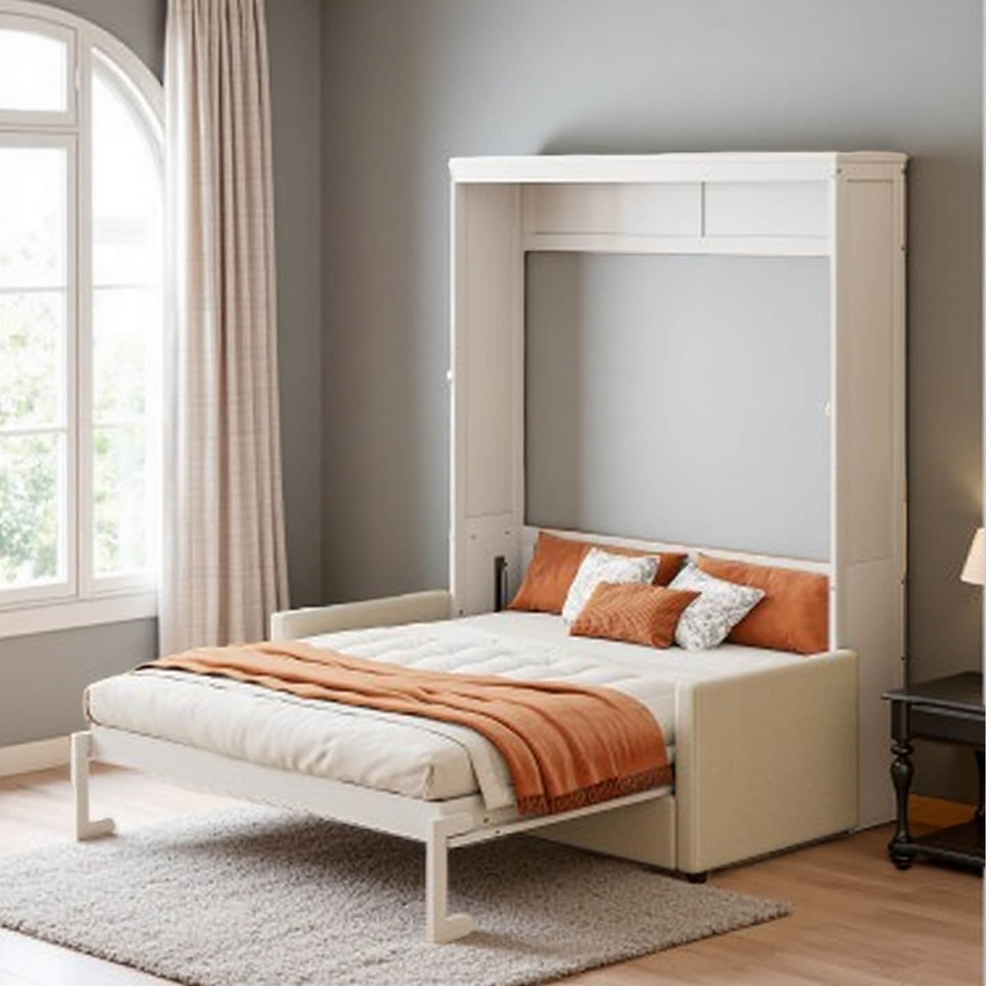 Full Size Wall Bed with Built-In Sofa and Storage, Space-Saving Murphy Bed with Fold-Out Design
