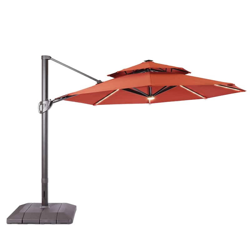 LIVOOSUN 11Ft LED Patio Hanging Double Top Octagon Cantilever Umbrella with 360-degree Rotating Canopy, Red