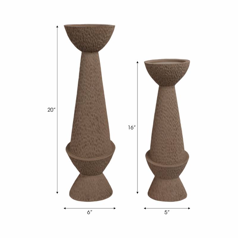 Candle Holder Set of 2 - Tan Resin Textured Pillar, 16/20" - 20.0"