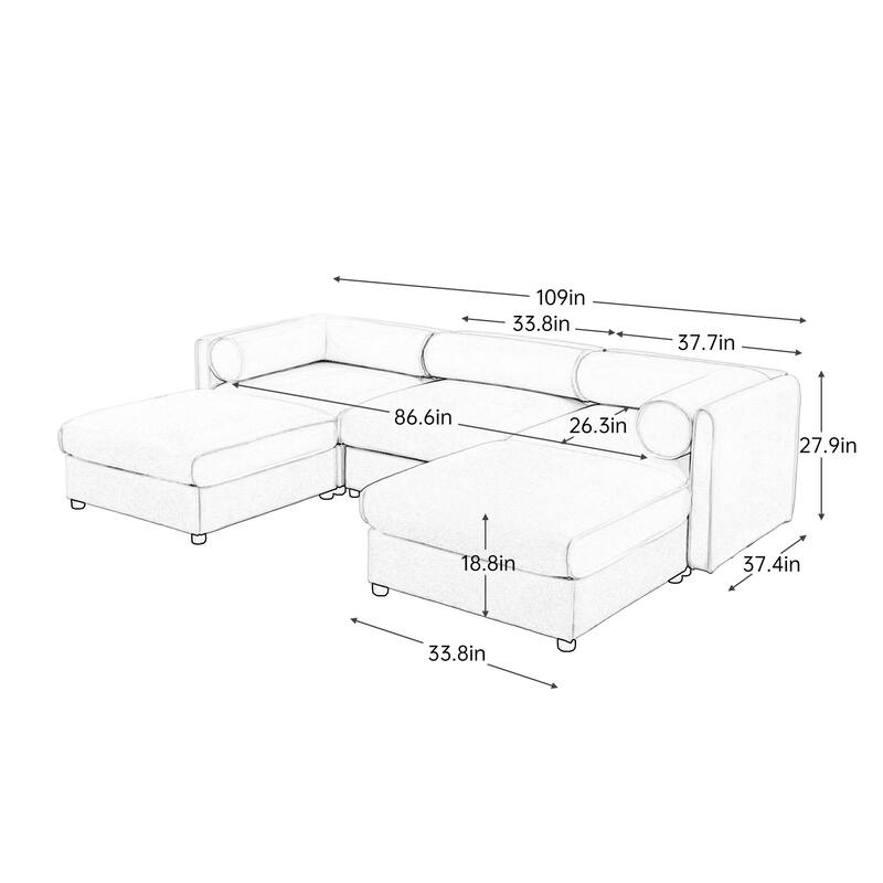 109" Chenille U-Shaped 3-Seater Sofa with Ottoman & Storage