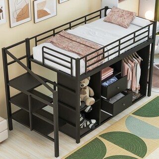Twin Size Metal Loft Bed with Drawers, Storage Staircase and Small ...
