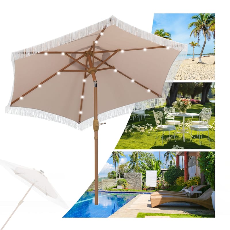 Autlaycil 7.5 ft Patio Umbrella with Tassel, 18 LED Lights Solar Umbrella