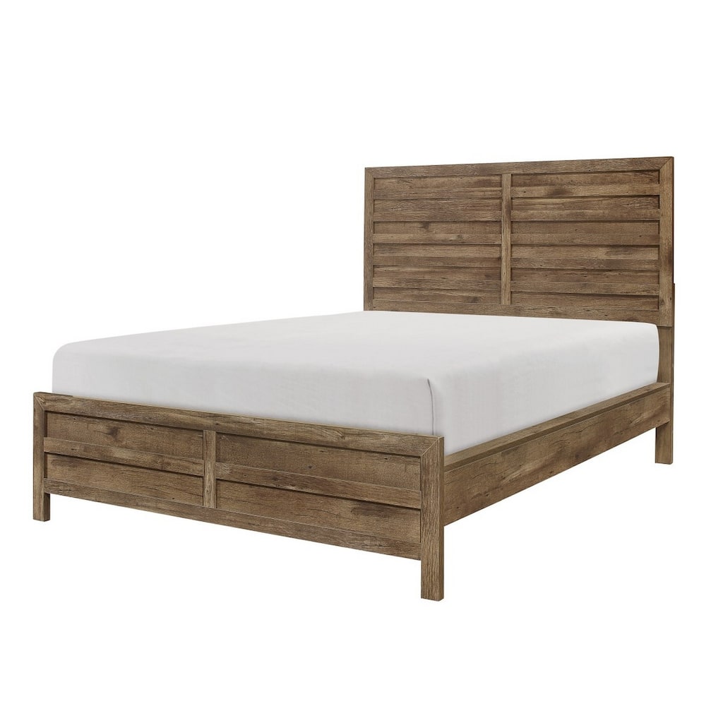 Zane Transitional Queen Bed, Wood Plank Design, Weathered Pine Veneer