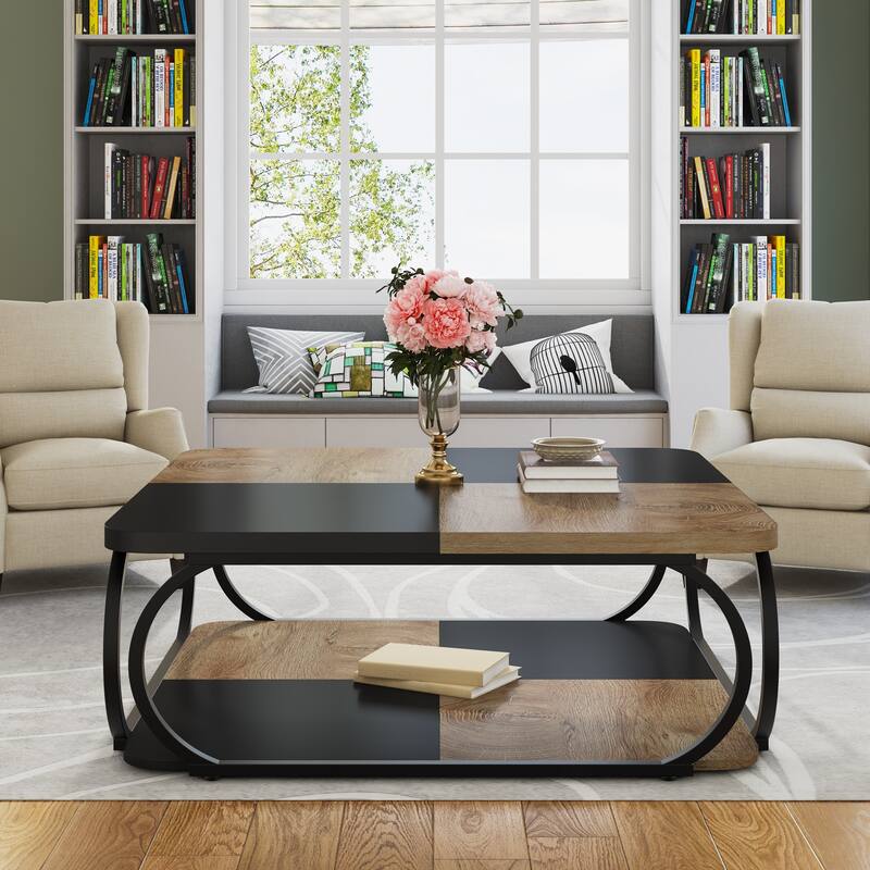 2-tier Square Coffee Table with Curved Metal Frame for Living Room