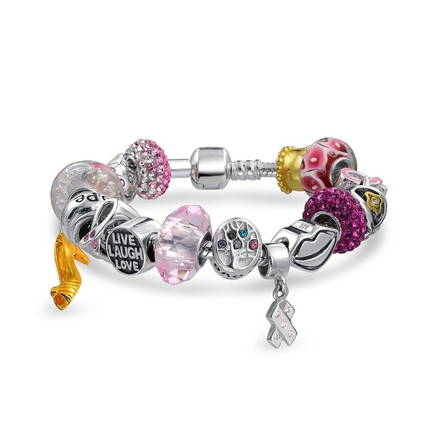 Breast Cancer Awareness Pink Ribbon Charm Bracelet Beaded Love Ribbon SILVER