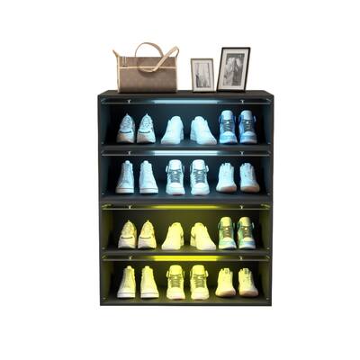 Stacking Shoe Box with Glass Door 4 Layers and LED Light Black Shoe ...