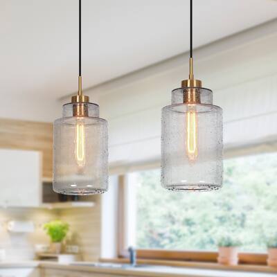 Modern 1-Light Black Gold Cylinder Grey Glass Kitchen Island Pendant Light for Dining Room - Dia 6.5" x H 14.5"